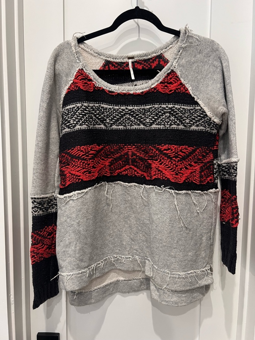 Free People Gray Pullover Sweater with Red and Black Patterned Panels